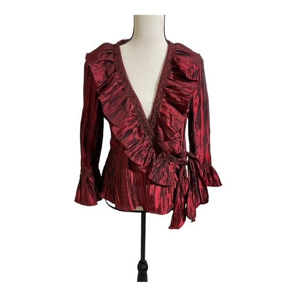 Jackie Jon New York womens blouse wrap wrinkle material red bell sleeves - Picture 7 of 13